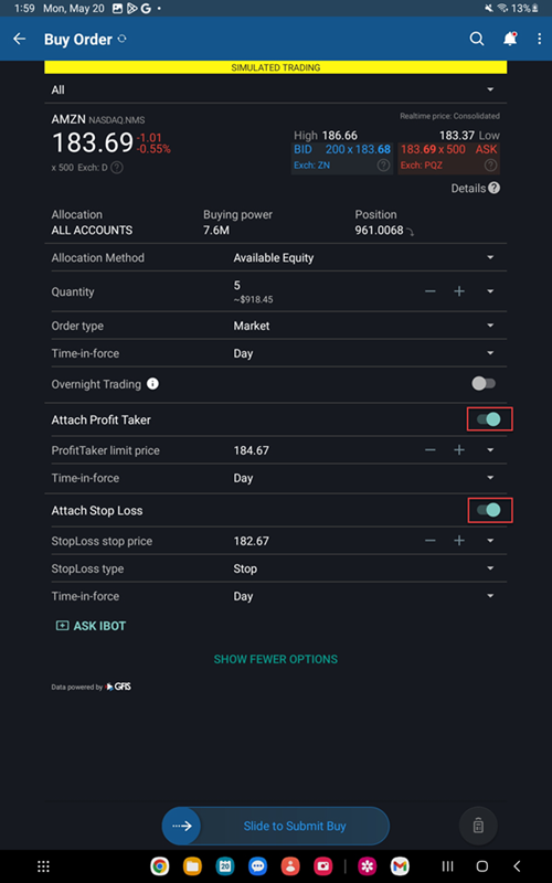 The bracket order option on the Android Tablet